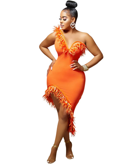 V-neck Sleeveless Chest Feather Irregular Midi Dress