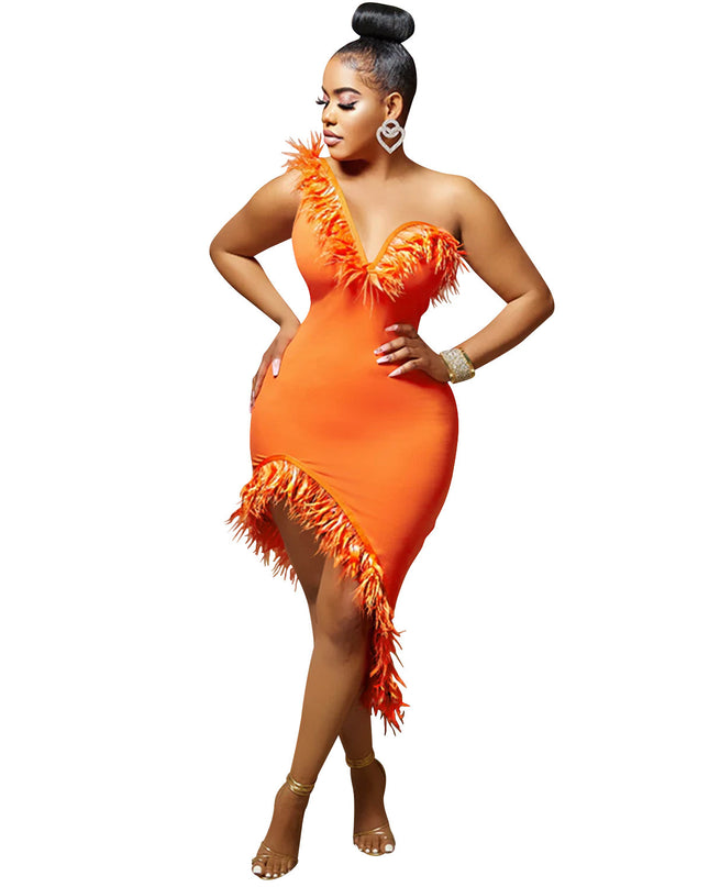 V-neck Sleeveless Chest Feather Irregular Midi Dress