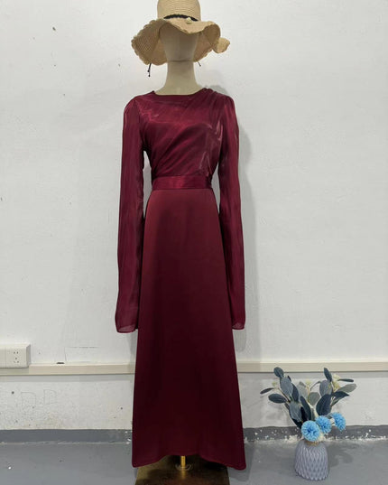 Elegant Summer Sleeve Contrast Chiffon & Satin Maxi Dress With Flared Cuffs - Slim Fit Long Dress For Women