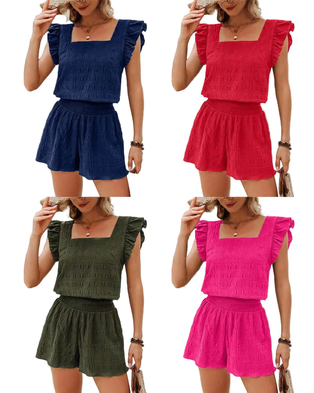 Square Neck Ruffled Casual Shorts Set For Women