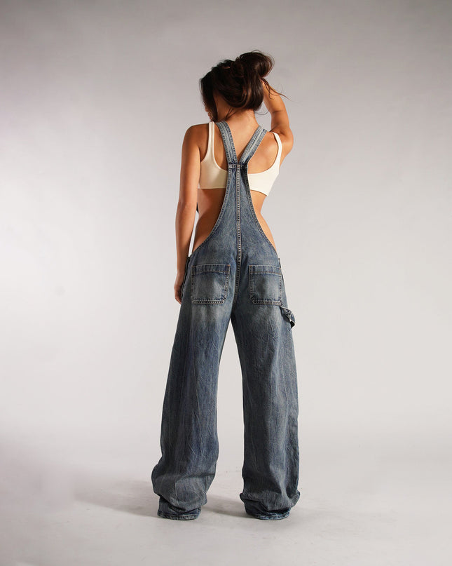 Y2K Zipper Denim Overalls With Pockets Fashion Loose Suspender Jumpsuit Streetwear Jeans Pants Womens Clothing