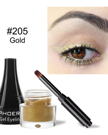 Gold gel eyeliner with packaging and application on eye, labeled '#205 Gold' by PHOER.