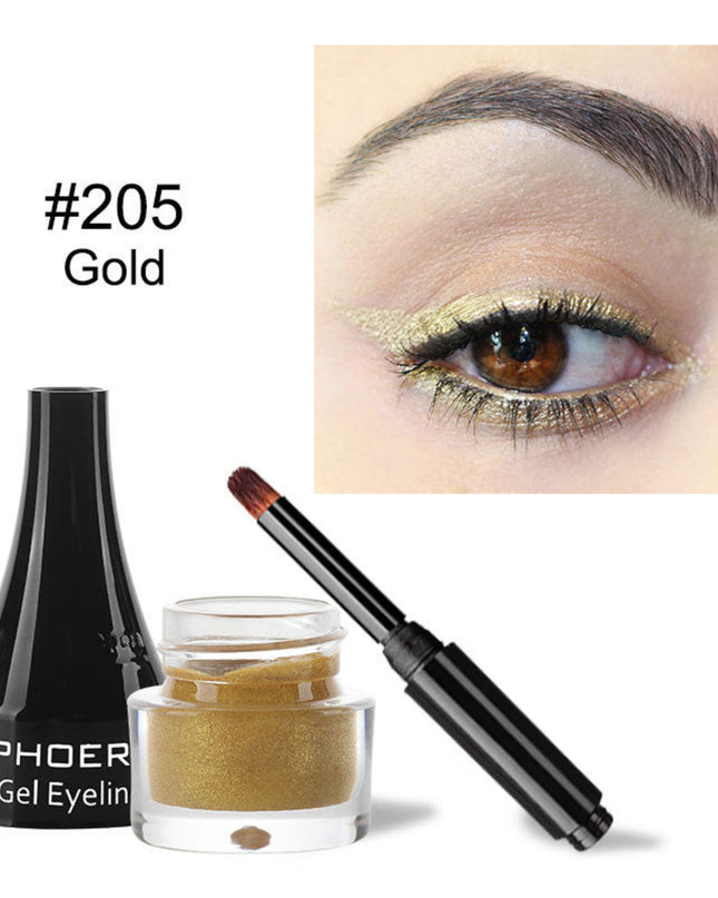 Gold gel eyeliner with packaging and application on eye, labeled '#205 Gold' by PHOER.