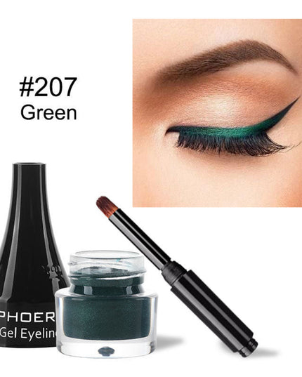 PHOER gel eyeliner with applicator and jar, shown on a model's eye.
