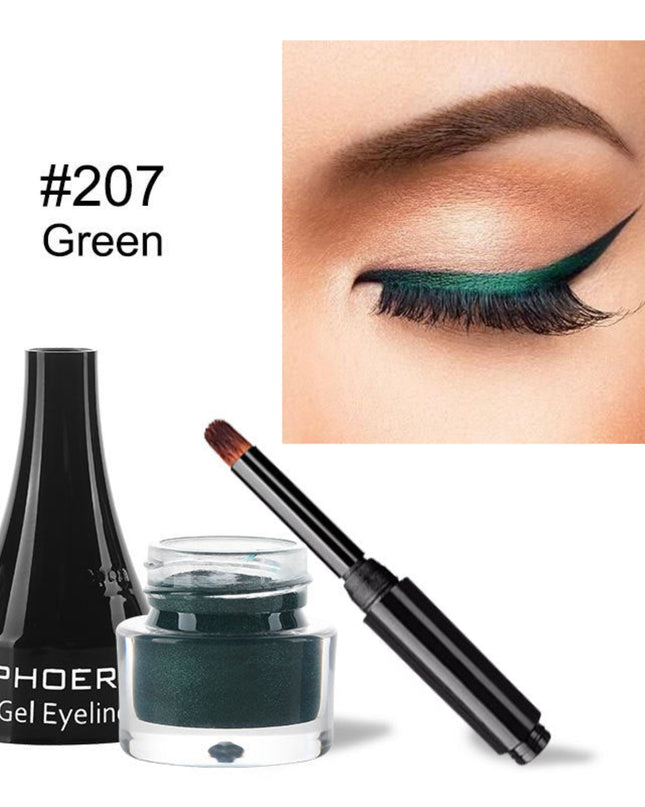 PHOER gel eyeliner with applicator and jar, shown on a model's eye.
