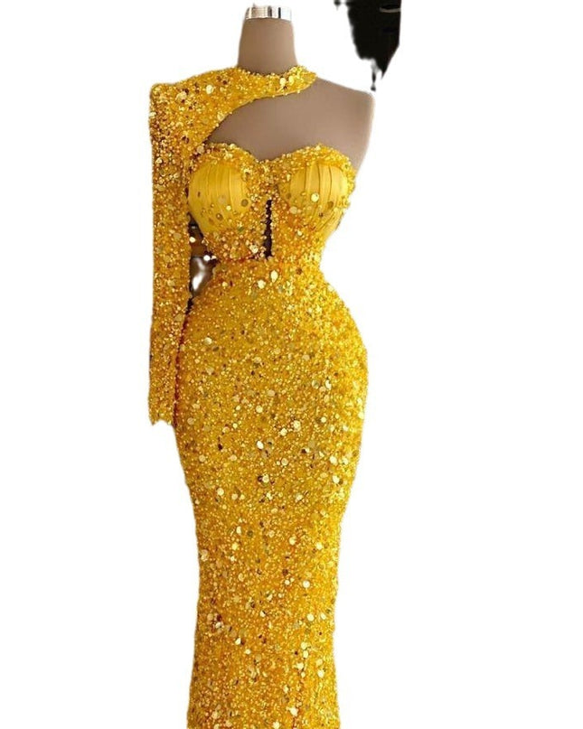 Sequined Pearl Embroidery Lace Asymmetric Single Sleeve Dress