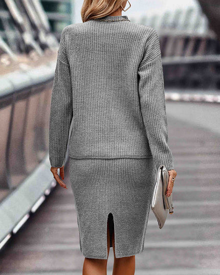 women's two piece pullover sweater and skirt outfit in gray, showcasing a cozy and stylish look from the back.