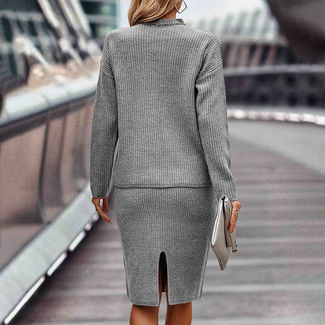 women's two piece pullover sweater and skirt outfit in gray, showcasing a cozy and stylish look from the back.