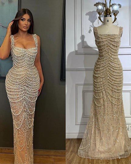 Nude Elegant Sling Light Luxury High-end Pearl Beaded Dress