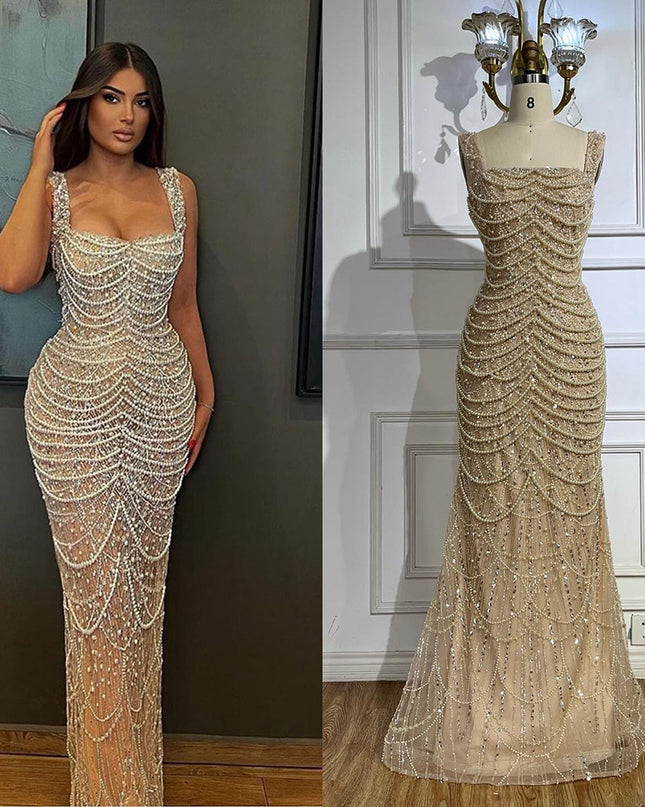 Nude Elegant Sling Light Luxury High-end Pearl Beaded Dress