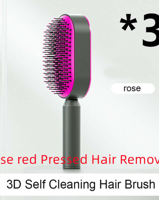 3D self-cleaning hair brush with rose red bristles on a white background