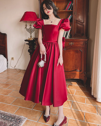 Winter Wine Red Engagement Daily French Princess On The Run Satin Dress