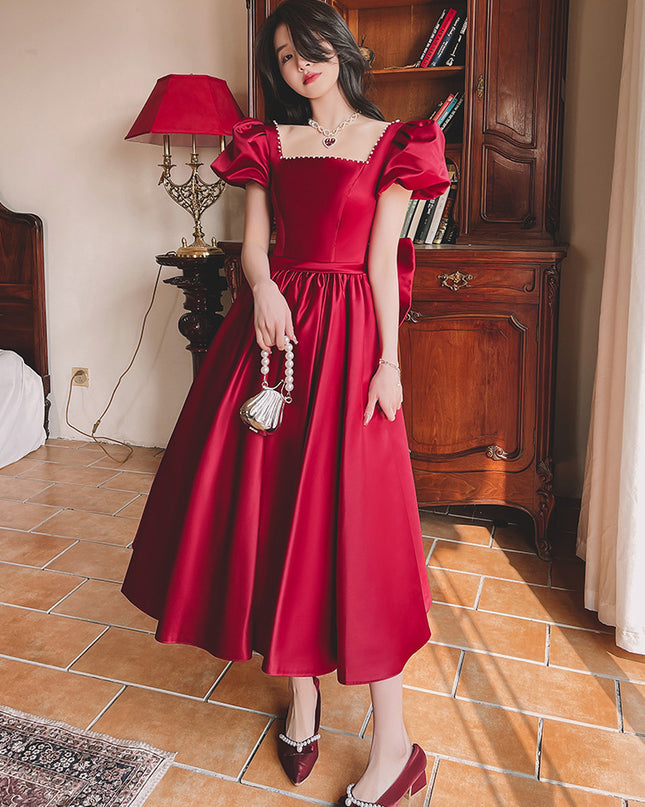 Winter Wine Red Engagement Daily French Princess On The Run Satin Dress