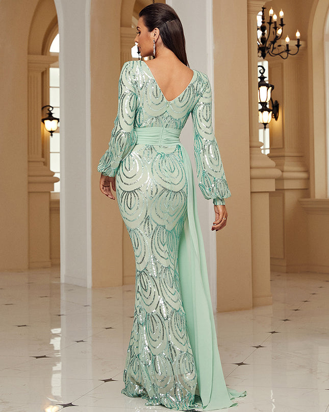 Long Sleeve Sexy Long Sequined V-neck Banquet Ribbon Evening Dress