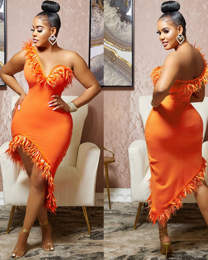 V-neck Sleeveless Chest Feather Irregular Midi Dress