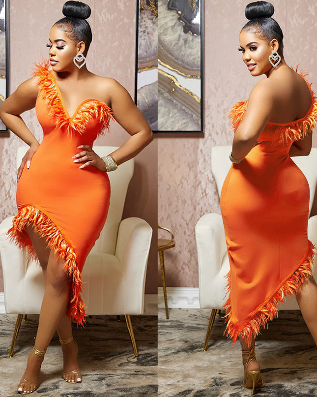 V-neck Sleeveless Chest Feather Irregular Midi Dress