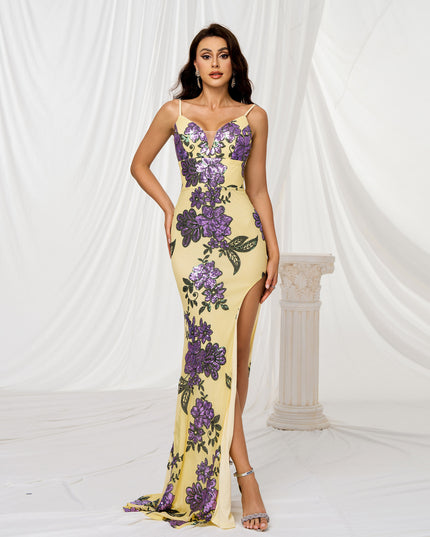 V-neck Brace Slim-fit Sheath Sequined Slit Evening Dress