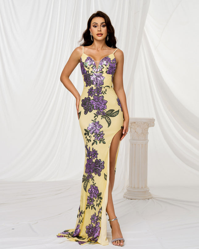 V-neck Brace Slim-fit Sheath Sequined Slit Evening Dress