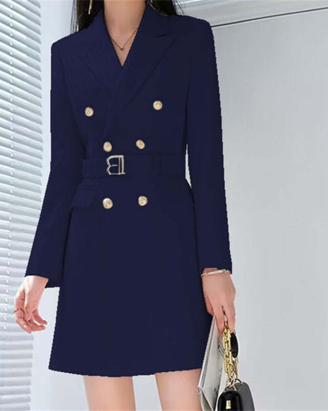 Navy blue double-breasted dress with gold buttons on a neutral background
