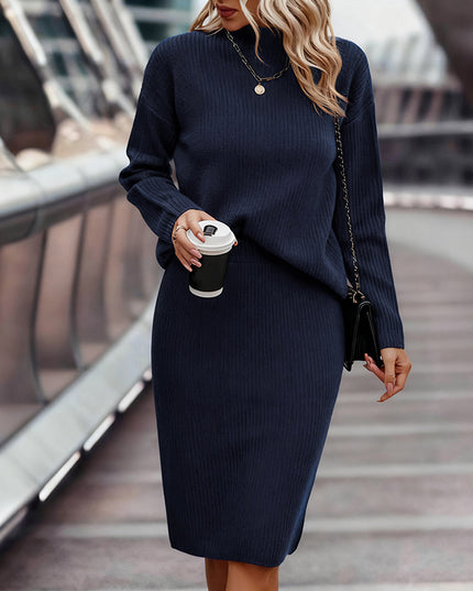 women's two piece pullover sweater and skirt outfit in navy, cozy knit set for effortless style