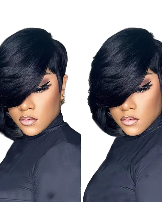 Two views of a woman with styled black hair, labeled '100% Human Hair'.