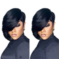 Two views of a woman with styled black hair, labeled '100% Human Hair'.