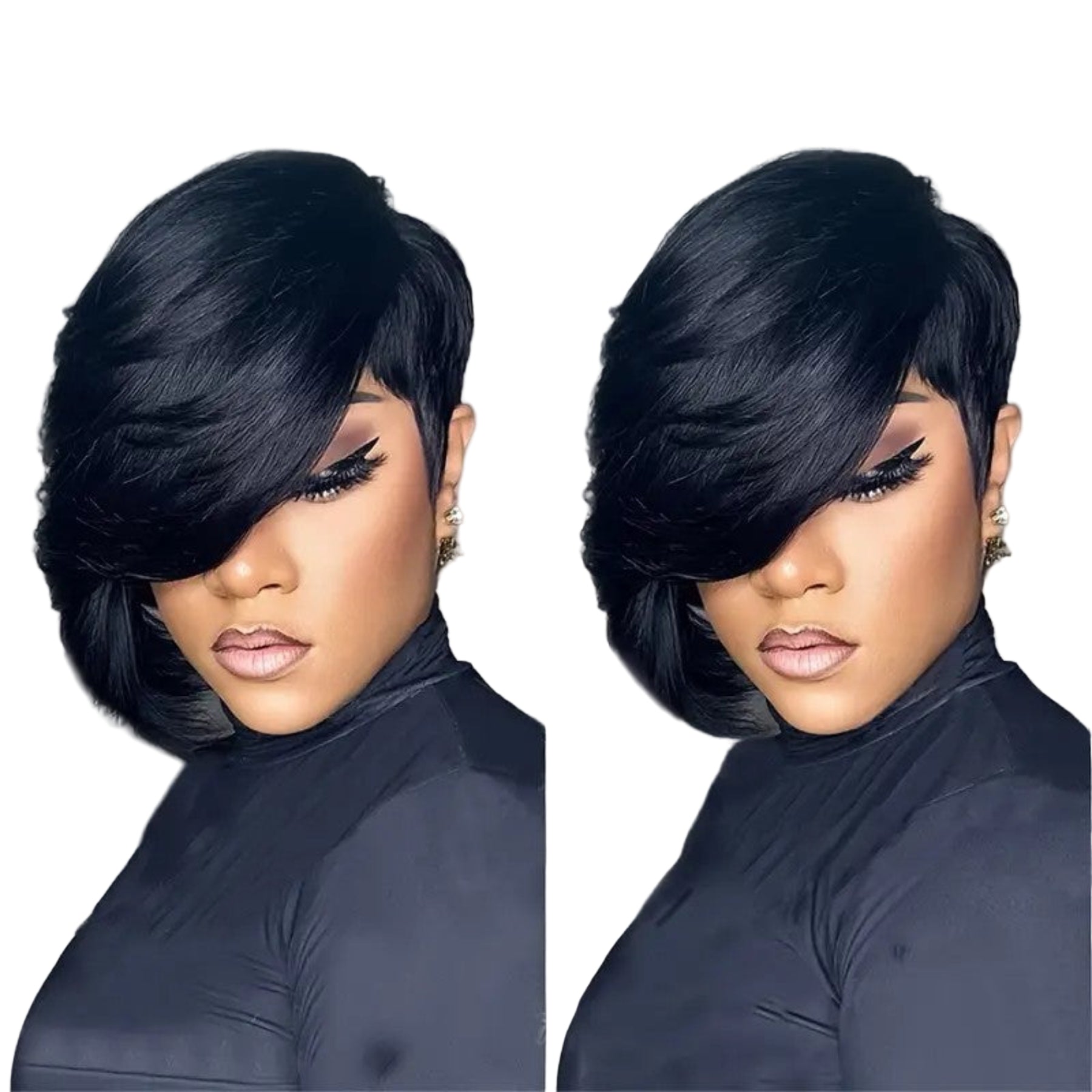 Two views of a woman with styled black hair, labeled '100% Human Hair'.