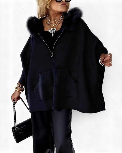 Ins Plush Hooded Cardigan Fashion Warm Pockets Zip-up Knitted Jacket Casual Outerwear Batwing Sleeve Sweater Women's Clothing