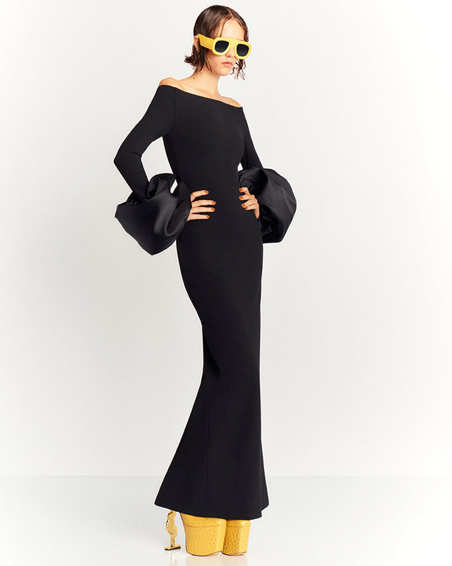 Dress Red And Black Slim-fit Long Sleeve French Lantern Sleeve Dress