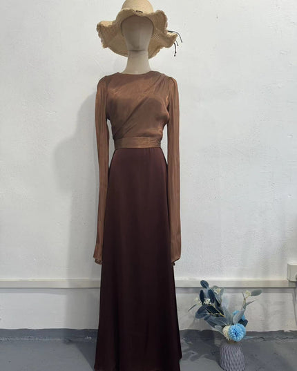 Elegant Summer Sleeve Contrast Chiffon & Satin Maxi Dress With Flared Cuffs - Slim Fit Long Dress For Women