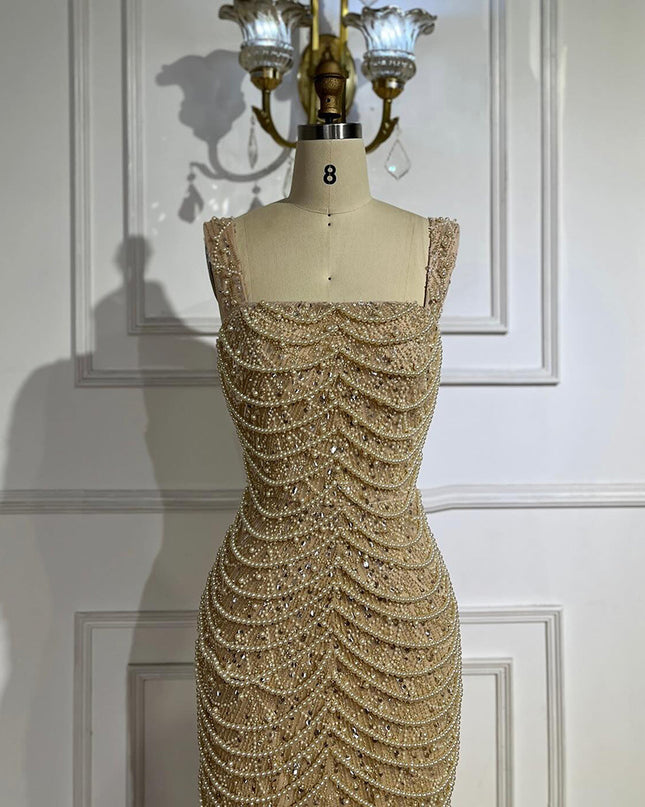 Nude Elegant Sling Light Luxury High-end Pearl Beaded Dress