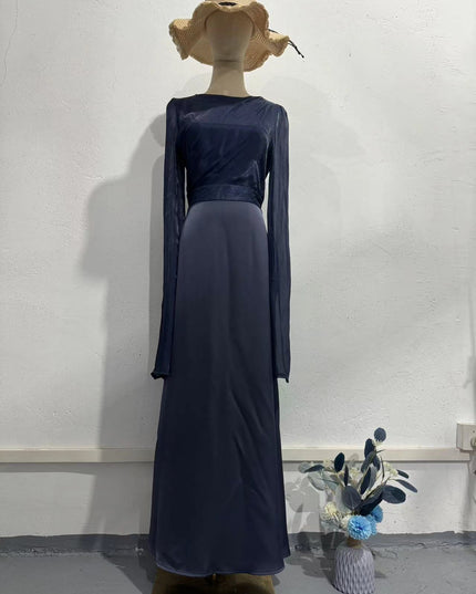 Elegant Summer Sleeve Contrast Chiffon & Satin Maxi Dress With Flared Cuffs - Slim Fit Long Dress For Women