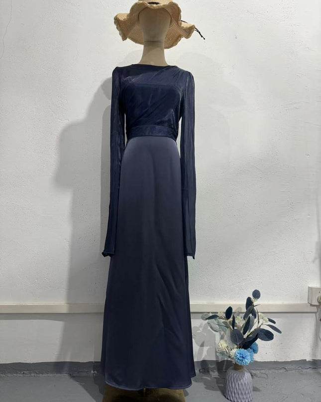 Elegant Summer Sleeve Contrast Chiffon & Satin Maxi Dress With Flared Cuffs - Slim Fit Long Dress For Women