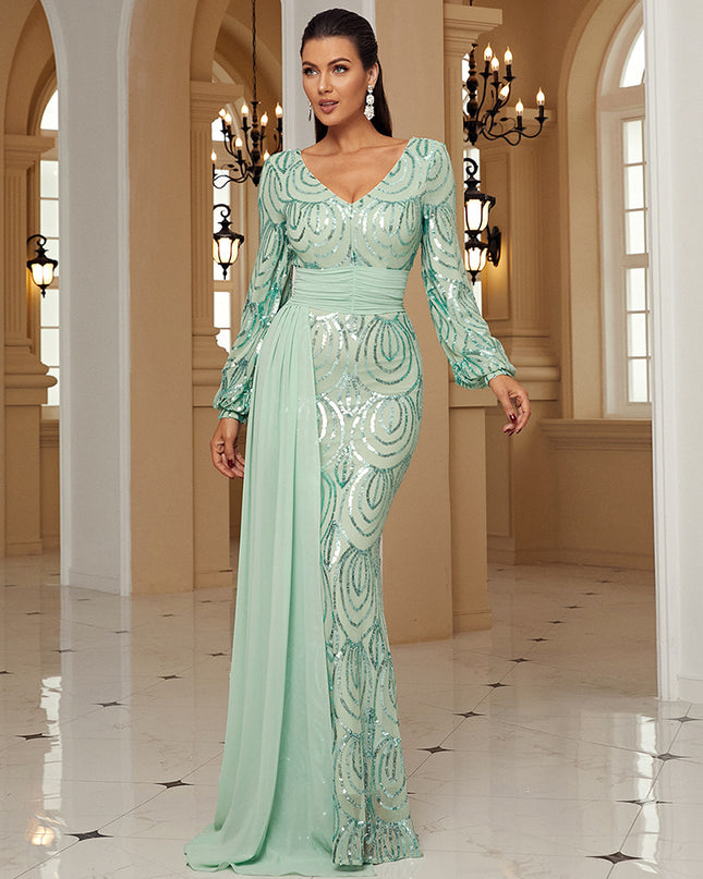 Long Sleeve Sexy Long Sequined V-neck Banquet Ribbon Evening Dress