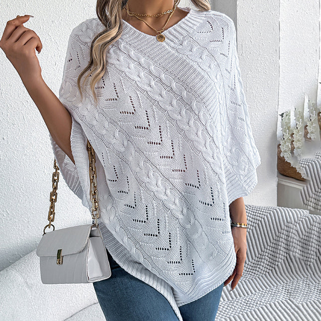 Women's Solid Color V-Neck Cape Sweater Batwing Sleeve Open-Knit Cardigan With Asymmetrical Hem