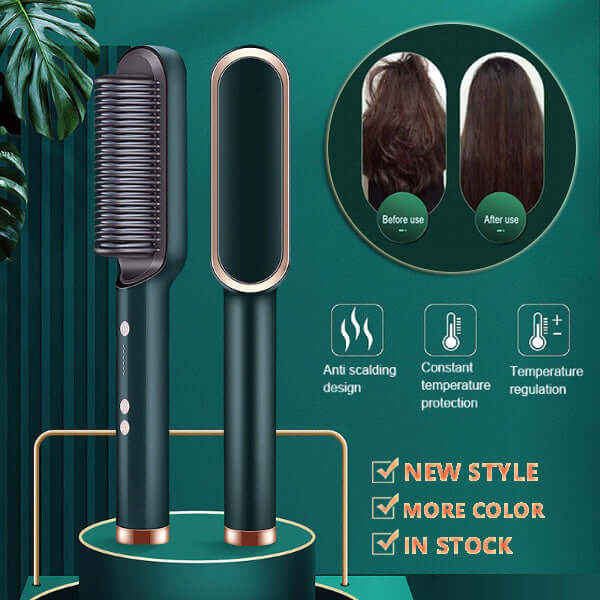 Ion Hair Straightener Brush featuring anti-scald design, before and after results, and temperature control options.