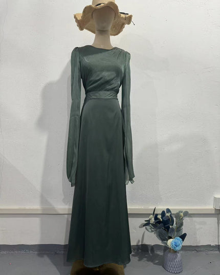 Elegant Summer Sleeve Contrast Chiffon & Satin Maxi Dress With Flared Cuffs - Slim Fit Long Dress For Women