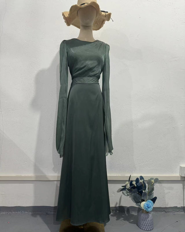 Elegant Summer Sleeve Contrast Chiffon & Satin Maxi Dress With Flared Cuffs - Slim Fit Long Dress For Women