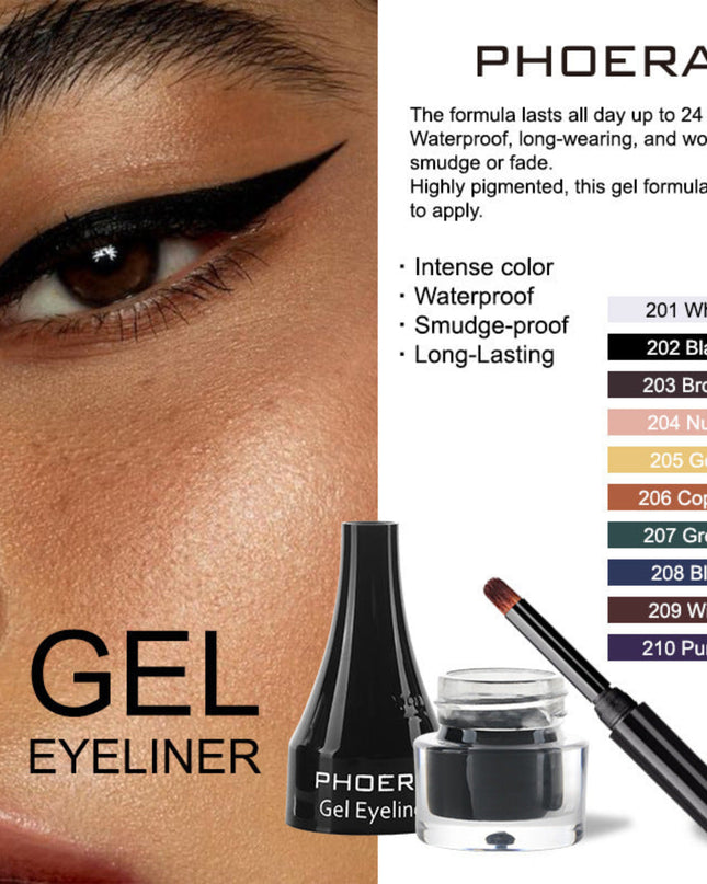 Phoera gel eyeliner with close-up of eye wearing the product and color swatches.