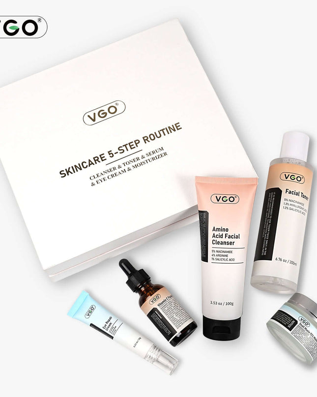 VGO skincare 5-step routine featuring cleanser, toner, serum, eye cream, and moisturizer products.