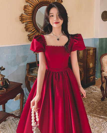 Winter Wine Red Engagement Daily French Princess On The Run Satin Dress