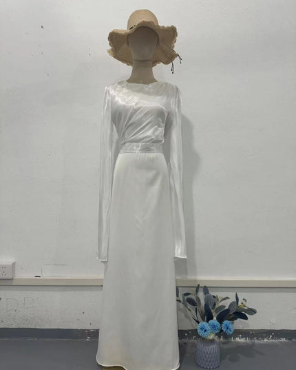 Elegant Summer Sleeve Contrast Chiffon & Satin Maxi Dress With Flared Cuffs - Slim Fit Long Dress For Women