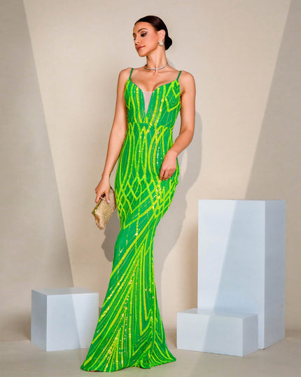 V-neck Strap Sequined Fishtail Evening Dress