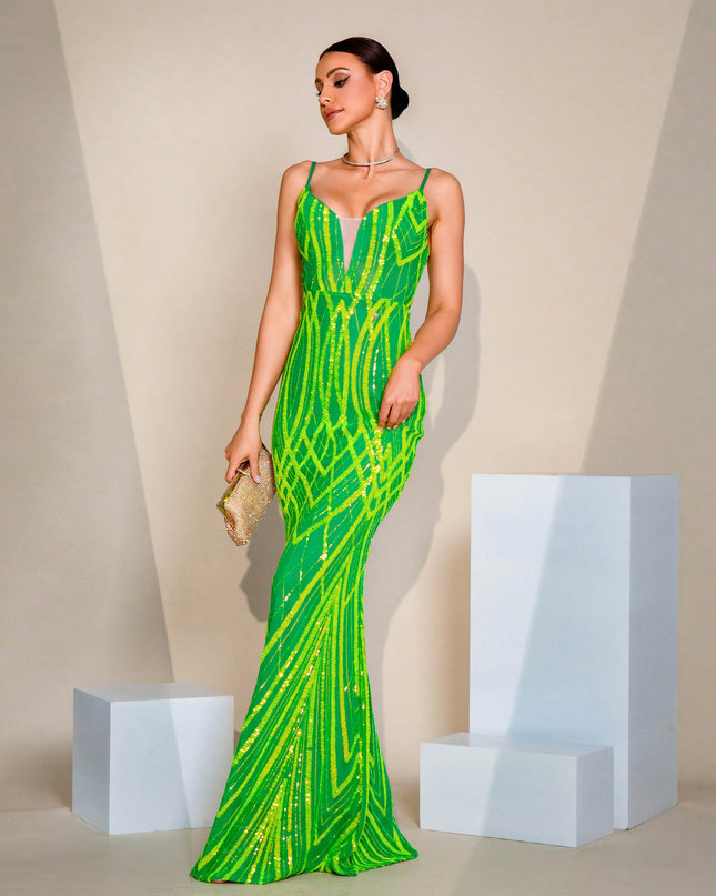 V-neck Strap Sequined Fishtail Evening Dress