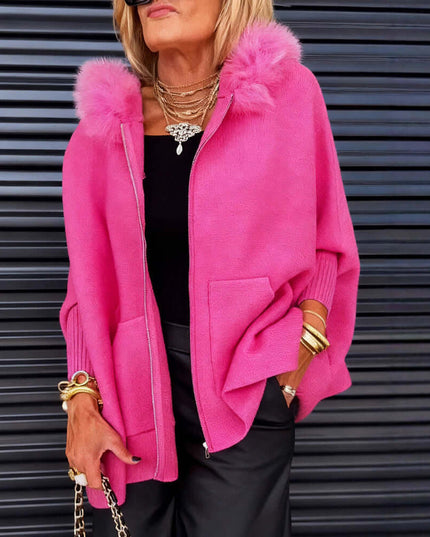 Ins Plush Hooded Cardigan Fashion Warm Pockets Zip-up Knitted Jacket Casual Outerwear Batwing Sleeve Sweater Women's Clothing