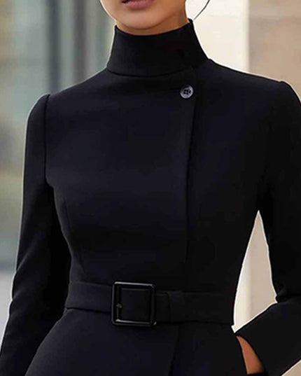 Elegant Midi Dress with Belt - Women's Slim Fit Dress