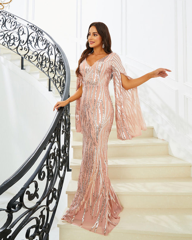 Long Sleeve V-neck Banquet Sequined Fishtail Dress