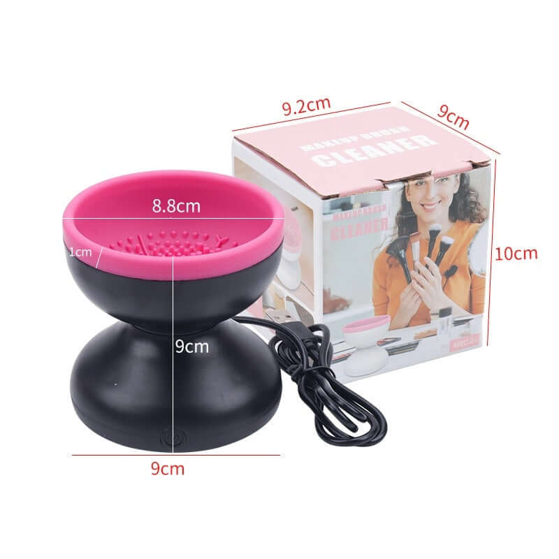 Makeup brush cleaning station with pink liquid and brushes, before and after cleaning images.
