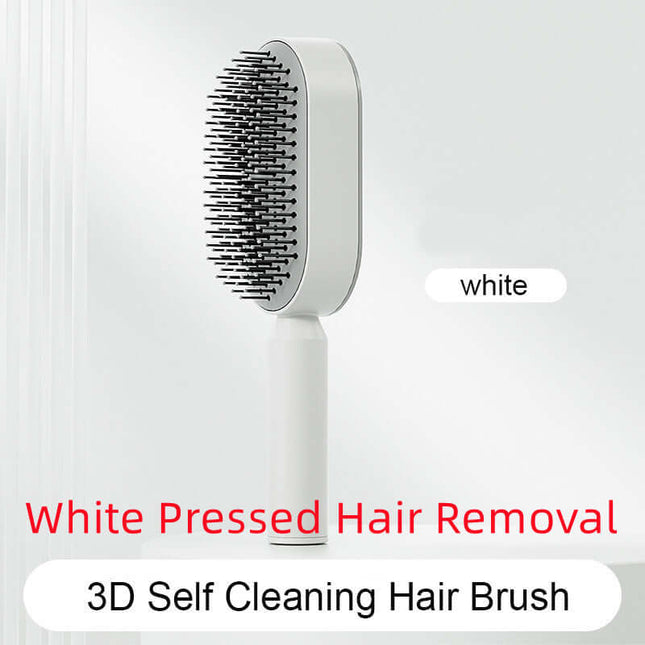 White hair removal brush with text indicating its features on a light gray background