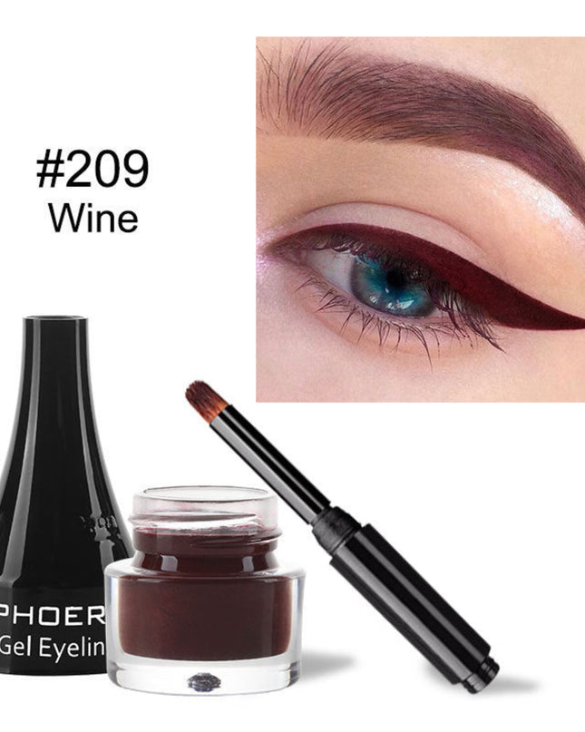 PHOER gel eyeliner with applicator and container, shown on a white background.